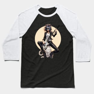 Cat Lady Rockstar: Black & White Comic-inspired Cartoon Music Baseball T-Shirt